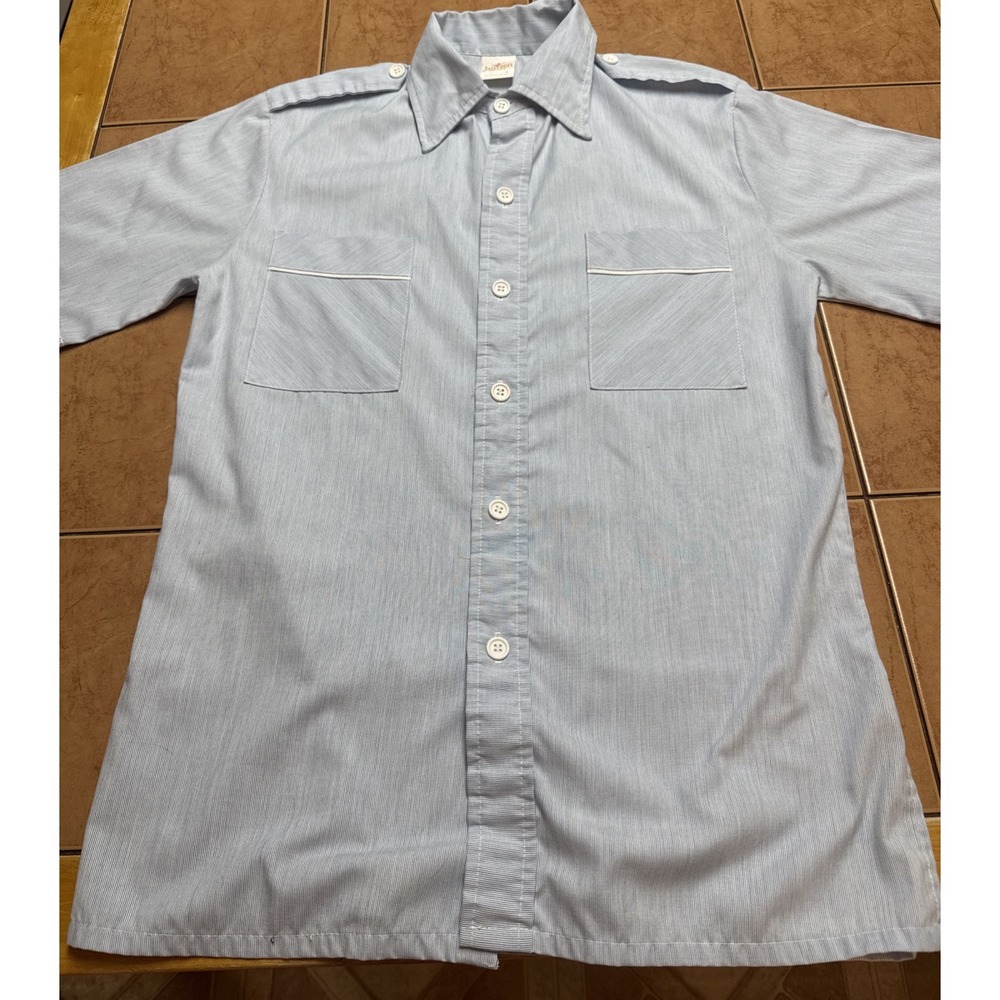 VINTAGE Men Jantzen Short Sleeve Shirt Sz Small Epaulets Blue Hickory Stripe USA